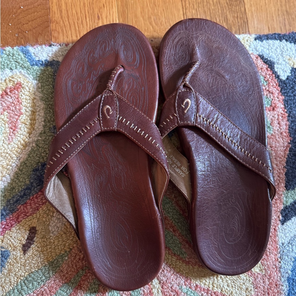 Olukai Brown Leather Flip Flops